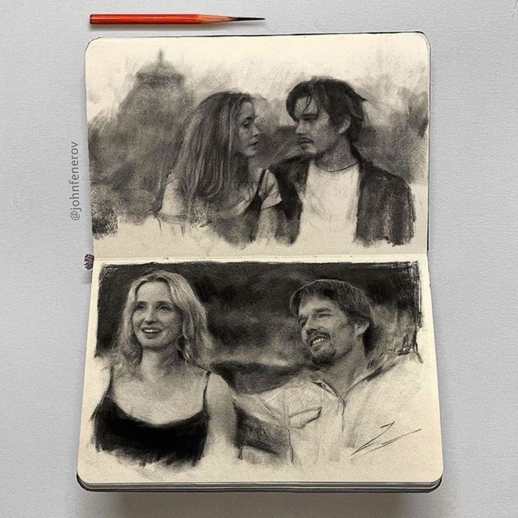 Charcoal sketches of a couple in a notebook, depicting intimate moments and expressions, with a pencil on the side.