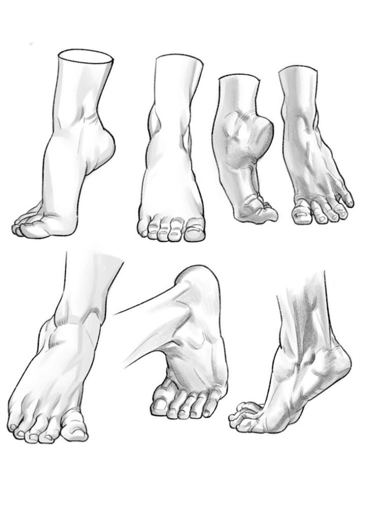 Sketches of human feet in various poses, highlighting anatomy for artists or anatomical studies.