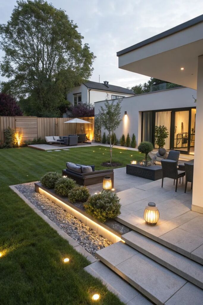 Modern backyard with patio lighting, cozy seating, and lush garden landscaping at dusk.