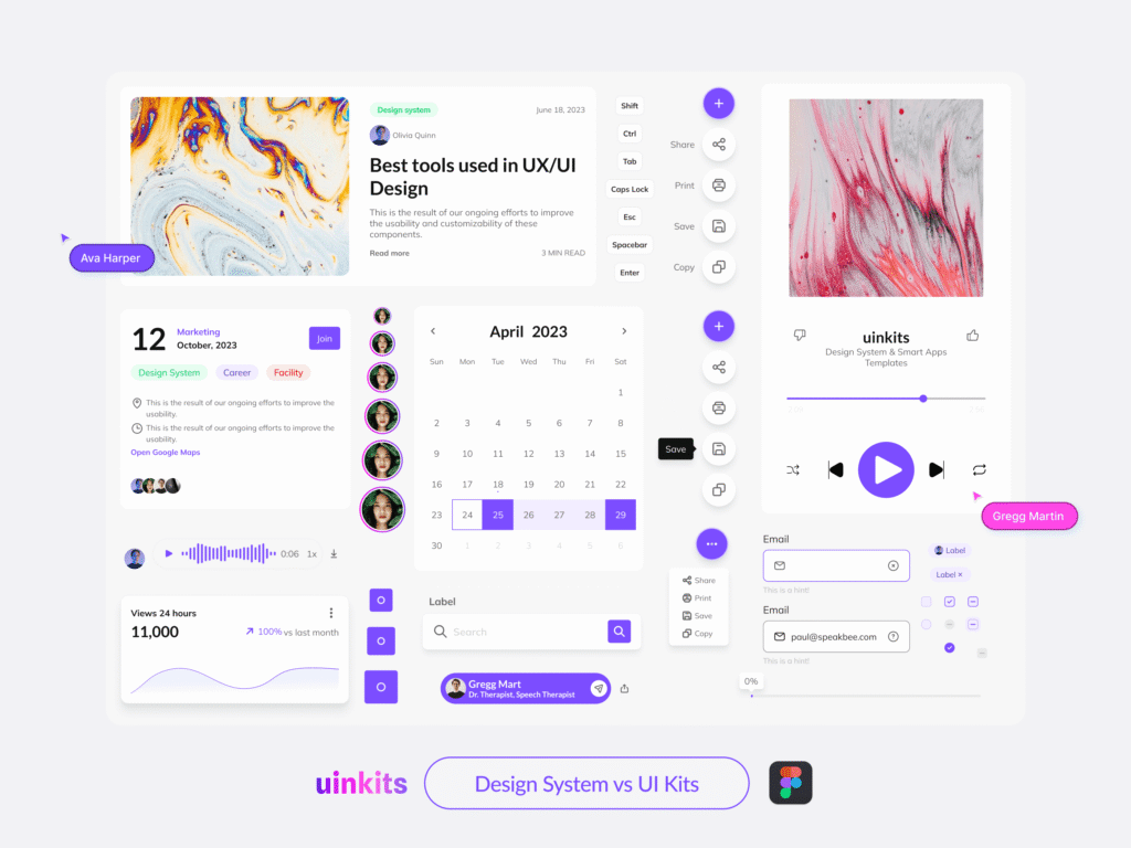Modern UI/UX design dashboard showcasing calendar, data analytics, and media controls with interactive elements.