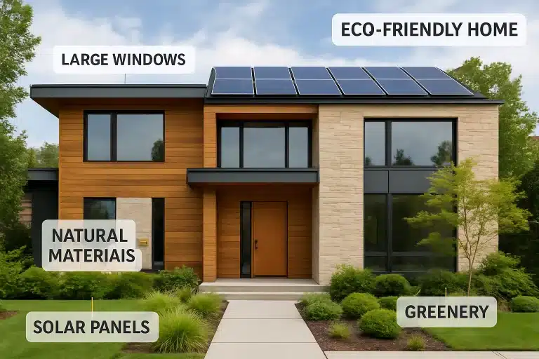 Eco-friendly home with solar panels, large windows, and natural materials surrounded by greenery.