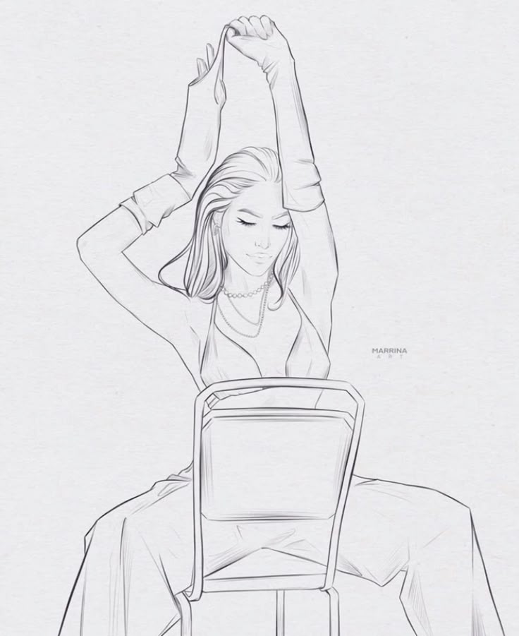 Sketch of a woman sitting on a chair, stretching her arms above her head, with elegant attire and relaxed expression.
