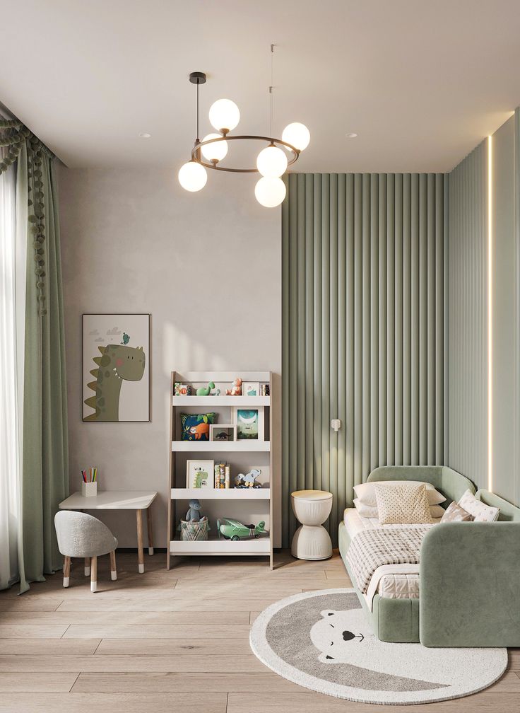 Modern kids' room with cozy bed, playful decor, and green accents, featuring wall art and soft lighting.