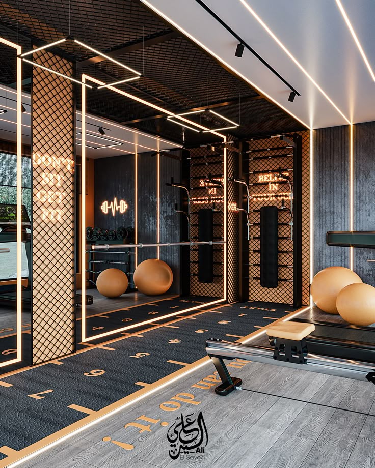 Modern home gym with exercise equipment, mirrored wall, and warm lighting for an inspiring workout environment.