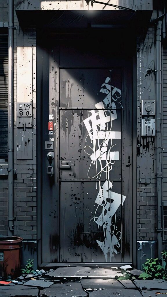 Urban alley door with modern graffiti art, surrounded by brick walls and overgrown plants.