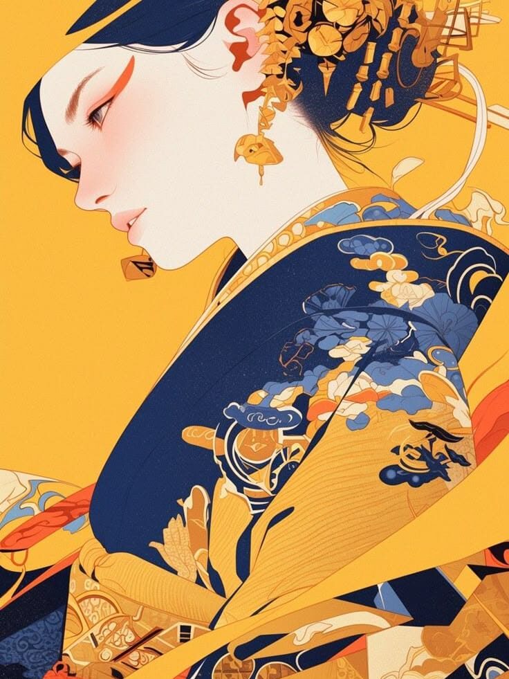 Stylized illustration of a woman in intricate traditional attire with floral patterns and ornate accessories.