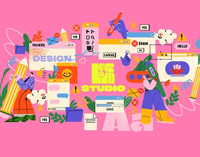 Colorful creative design studio concept with illustrations of digital elements and tools against a pink background.