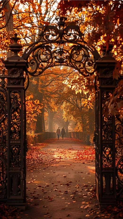 Ornate gate frames couple walking on autumn path, surrounded by fall foliage.