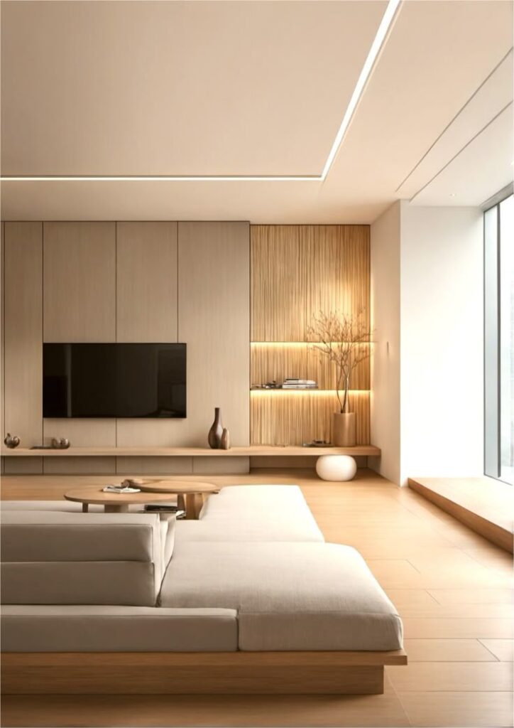 Minimalist living room with wooden accents, modern TV setup, cozy sofa, and ambient lighting.