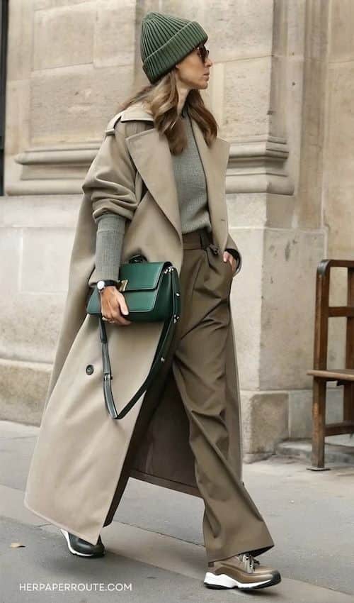 Stylish woman in beige trench coat and green beanie walking with green handbag, urban fashion look.