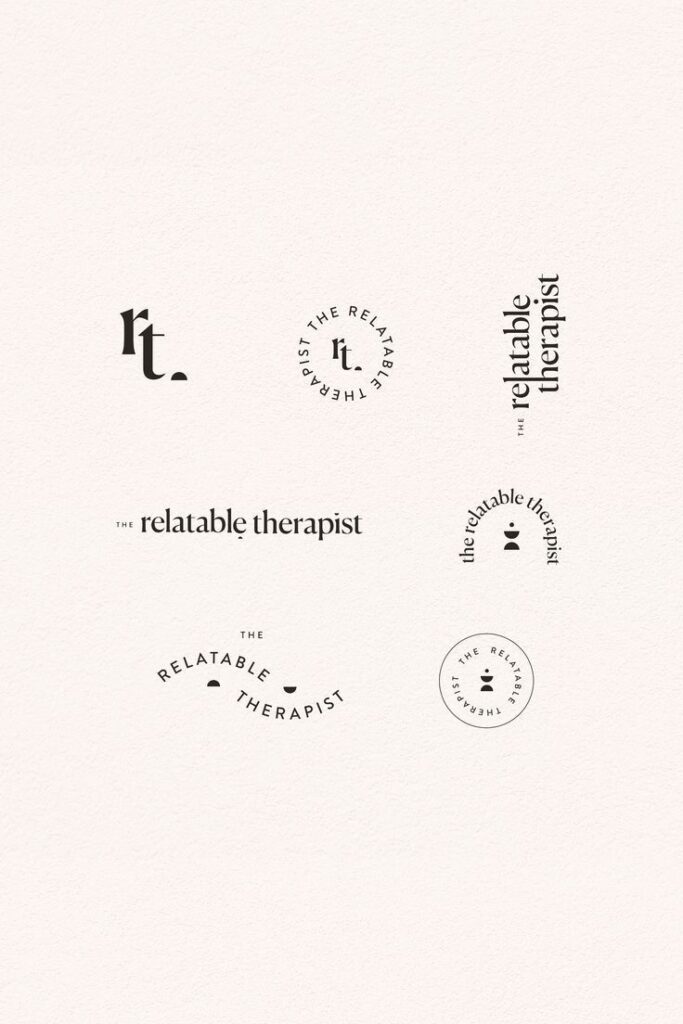Various The Relatable Therapist logo designs in black text on white paper background.