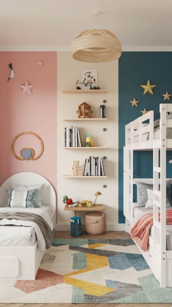 Stylish kids' room with pastel walls, bunk bed, cozy rug, and wall decor featuring stars and bookshelves.
