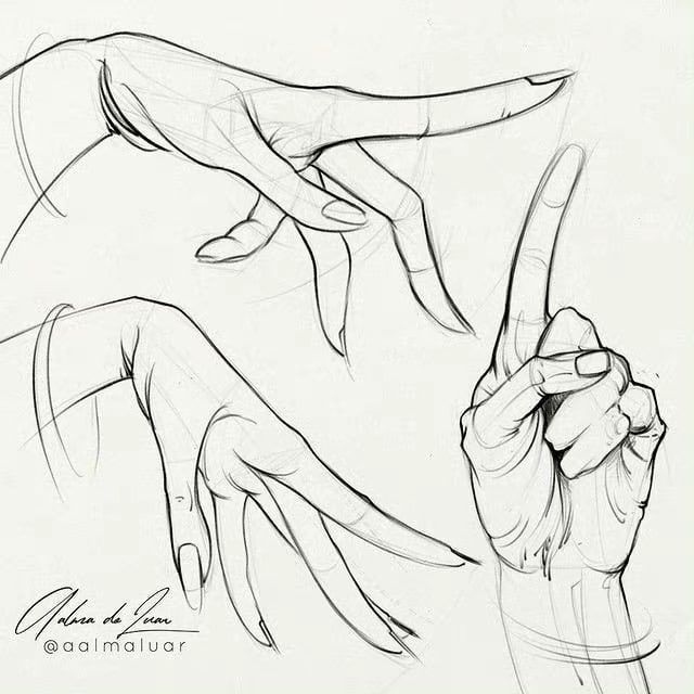 Sketch of three expressive hand poses, illustrating fingers in various gestures and movements for artistic reference.