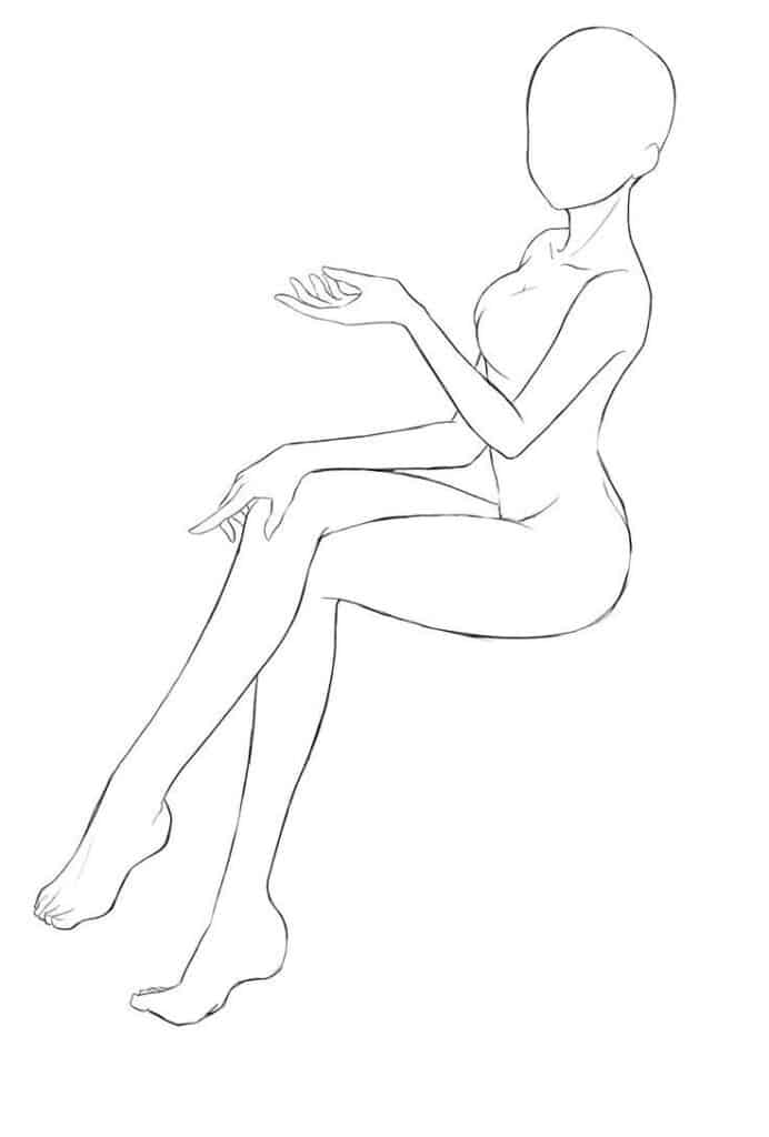 Line art of a seated faceless figure with an extended arm, showcasing a sketch for drawing or anatomy reference.