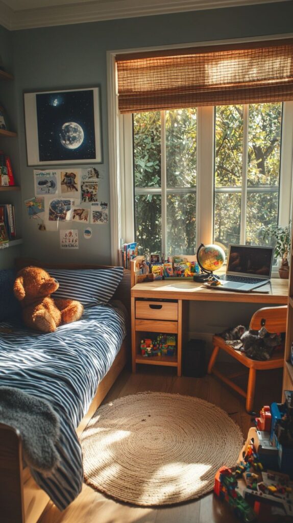Cozy child's room with wooden desk, laptop, globe, and stuffed bear on bed by a sunny window.