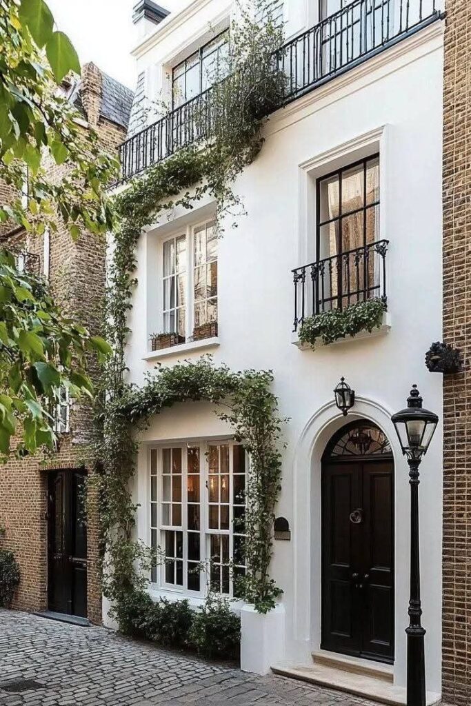 Charming white townhouse with ivy, black door, and vintage lamp post on a cobblestone street.