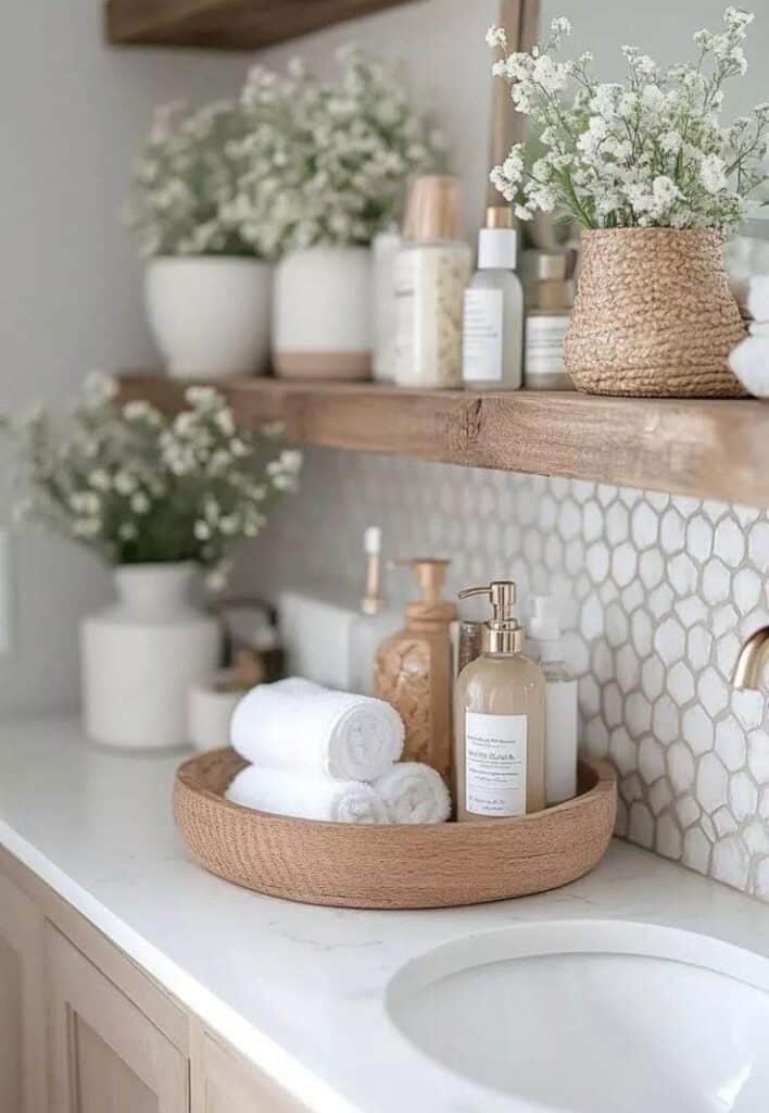 Minimalist bathroom decor with rolled towels, soap dispenser, and potted flowers on wooden shelves.