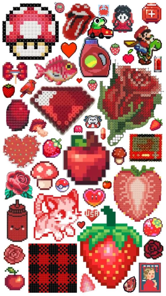 Colorful pixel art collage featuring retro and pop culture objects, including strawberries, roses, and video game icons.
