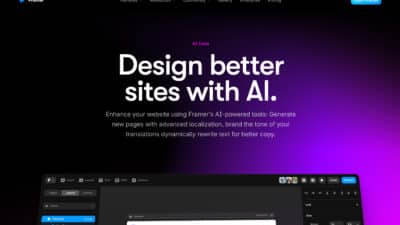 Framer homepage promoting AI-powered tools for designing better websites, featuring a black and purple gradient background.