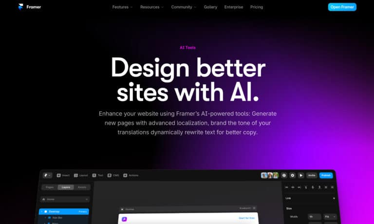 Framer homepage promoting AI-powered tools for designing better websites, featuring a black and purple gradient background.