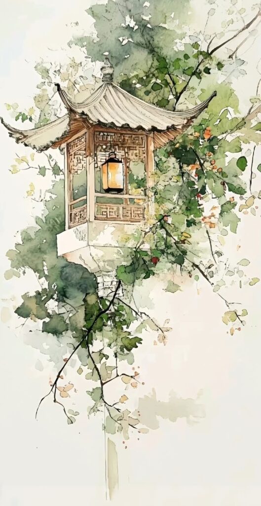 Traditional Asian lantern amidst lush greenery, watercolor style. Serene, artistic outdoor scenery.