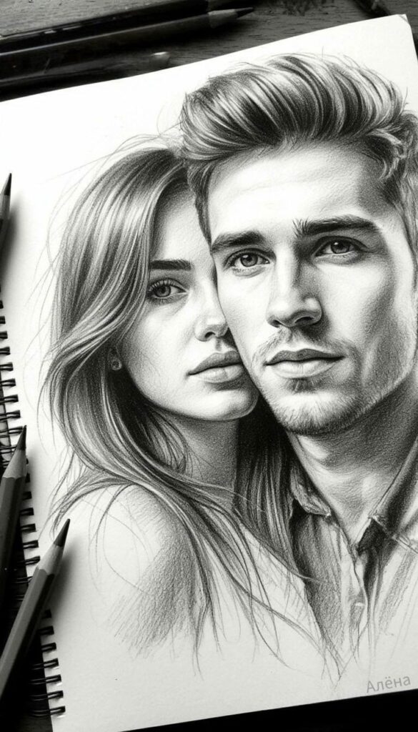 Pencil drawing of a man and woman on sketchbook, with pencils nearby. Realistic portrait art.
