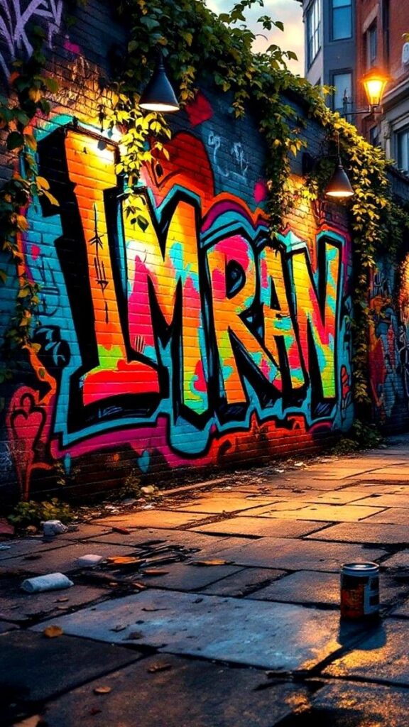 Colorful urban graffiti on a brick wall with streetlights and ivy, featuring bold text and vivid colors in an alley.