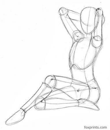 Sketch of a seated mannequin with arms raised, illustrating human anatomy and pose for artists.