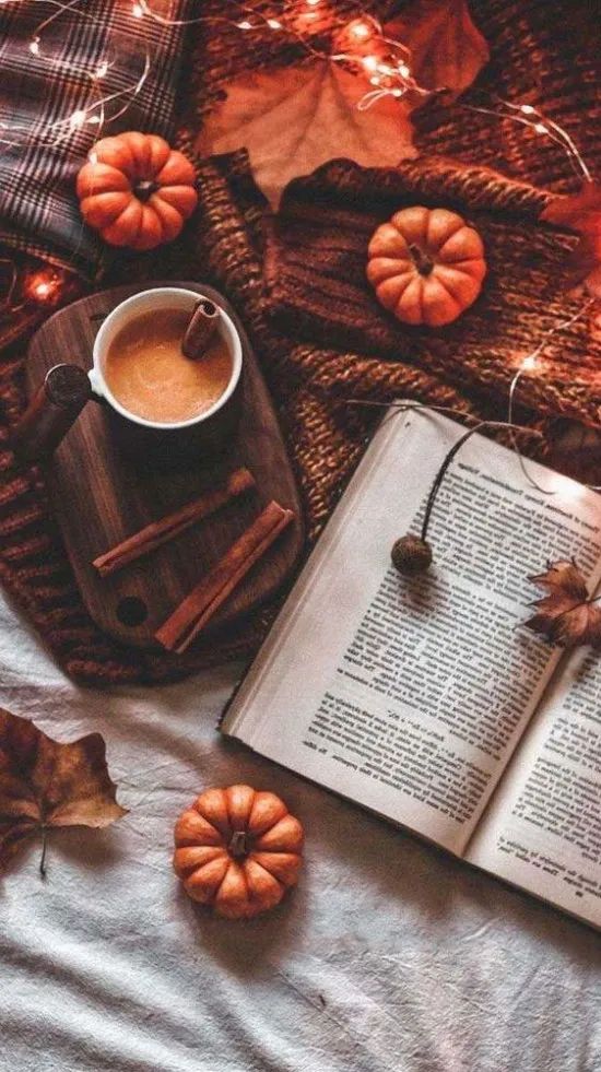 Cozy autumn scene with a warm drink, open book, mini pumpkins, and string lights on a blanket.