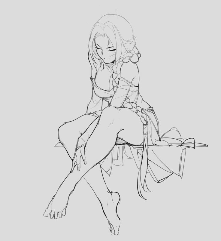 Line art of a seated woman with braided hair, wearing a detailed dress, looking down thoughtfully.