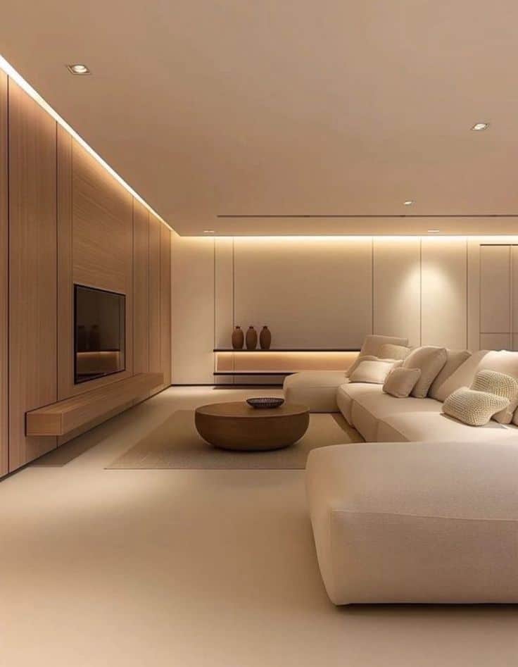 Modern minimalist living room with beige sofa, round wooden table, and soft ambient lighting.