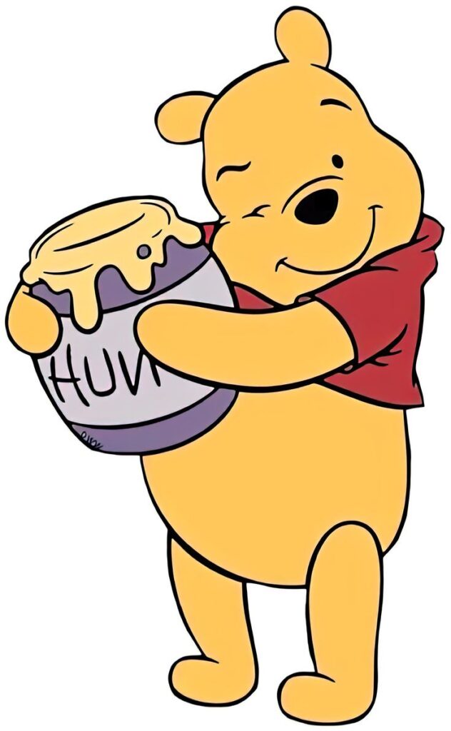 Cute bear in red shirt holding a honey pot with a happy smile.