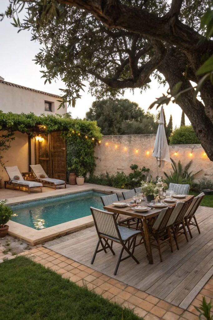 Charming backyard with pool, cozy outdoor dining area, and tranquil ambiance under leafy tree and string lights.