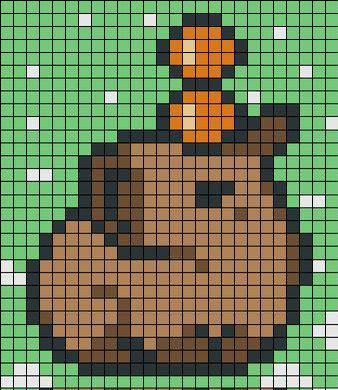 Pixel art of a brown money bag with orange coins against a green background with white specks.