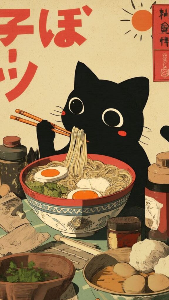 Cute black cat enjoying a bowl of ramen with chopsticks, surrounded by ingredients. Anime-style illustration.