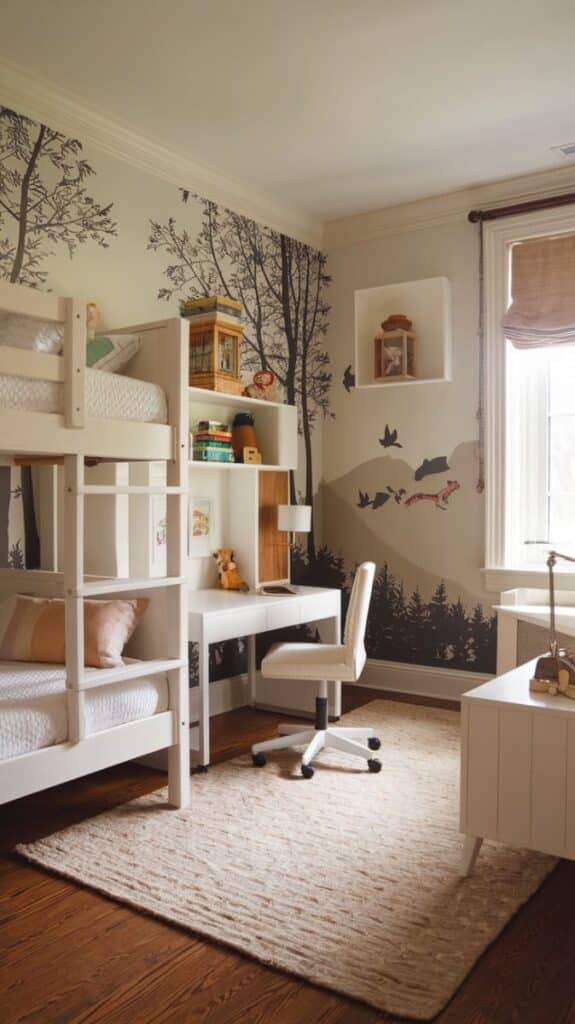 Cozy children's room with bunk bed, desk, and woodland-themed wall mural, featuring trees and birds.