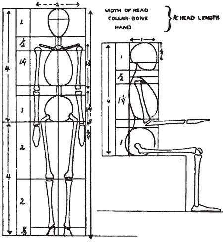Diagram illustrating human body proportions and measurements in standing and sitting positions.