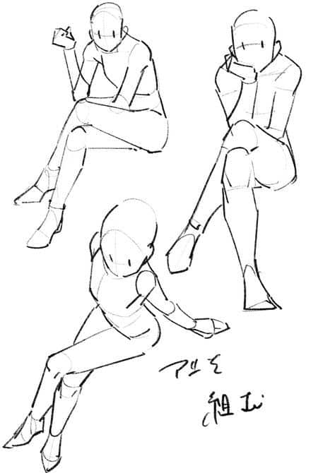 Three sketch drawings of seated human figures in different poses, highlighting dynamic posture and movement.