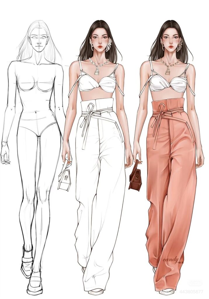 Fashion illustration showing a woman in three stages: sketch, outlined, and colored in stylish white and peach outfits.