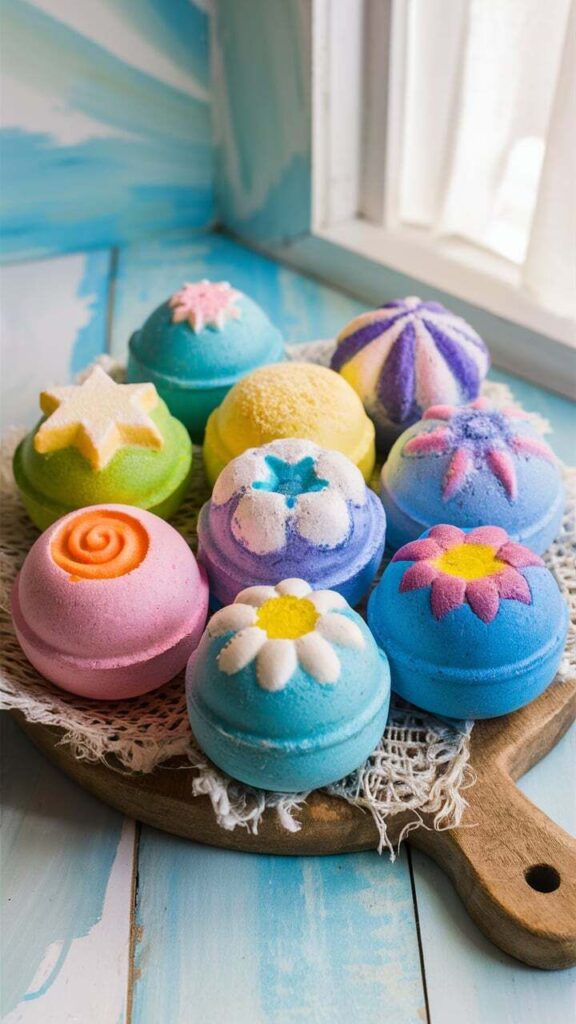Colorful decorative bath bombs in various shapes on a wooden board near a window.