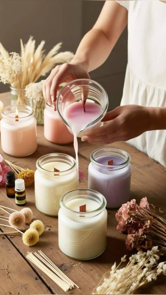 Person pouring pink wax into glass jar surrounded by handmade candles and dried flowers on wooden table.