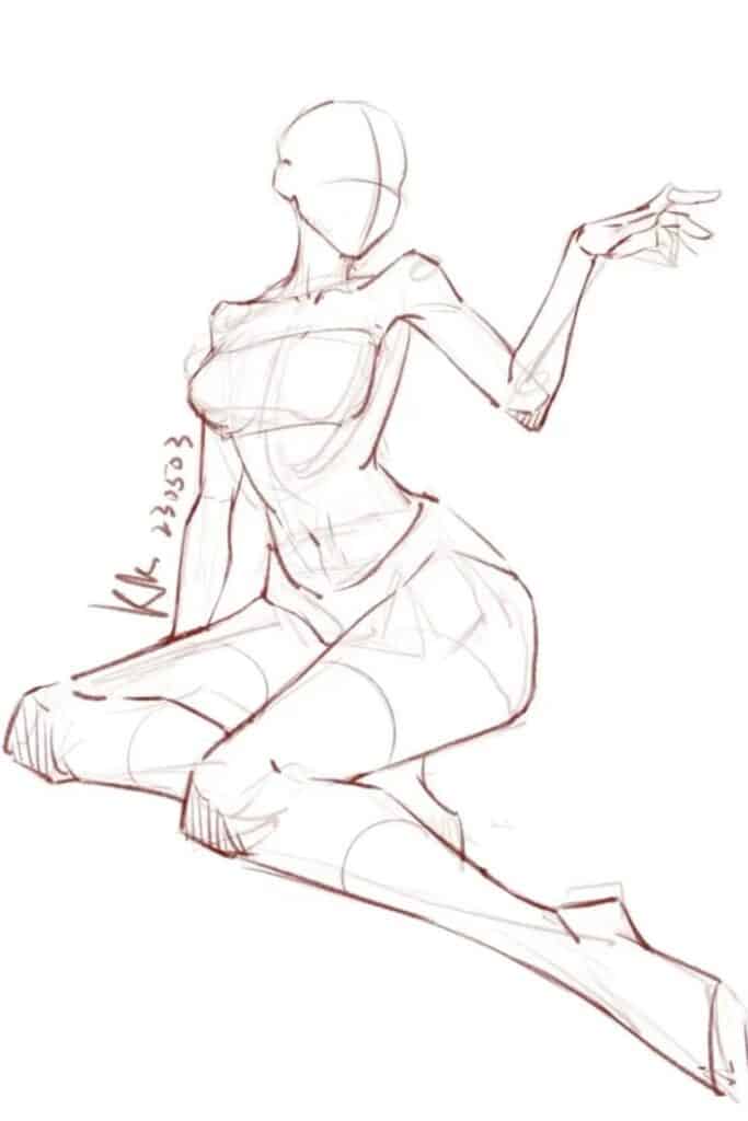 Sketch of a seated figure in a dynamic pose, emphasizing anatomy and gesture lines for art practice.