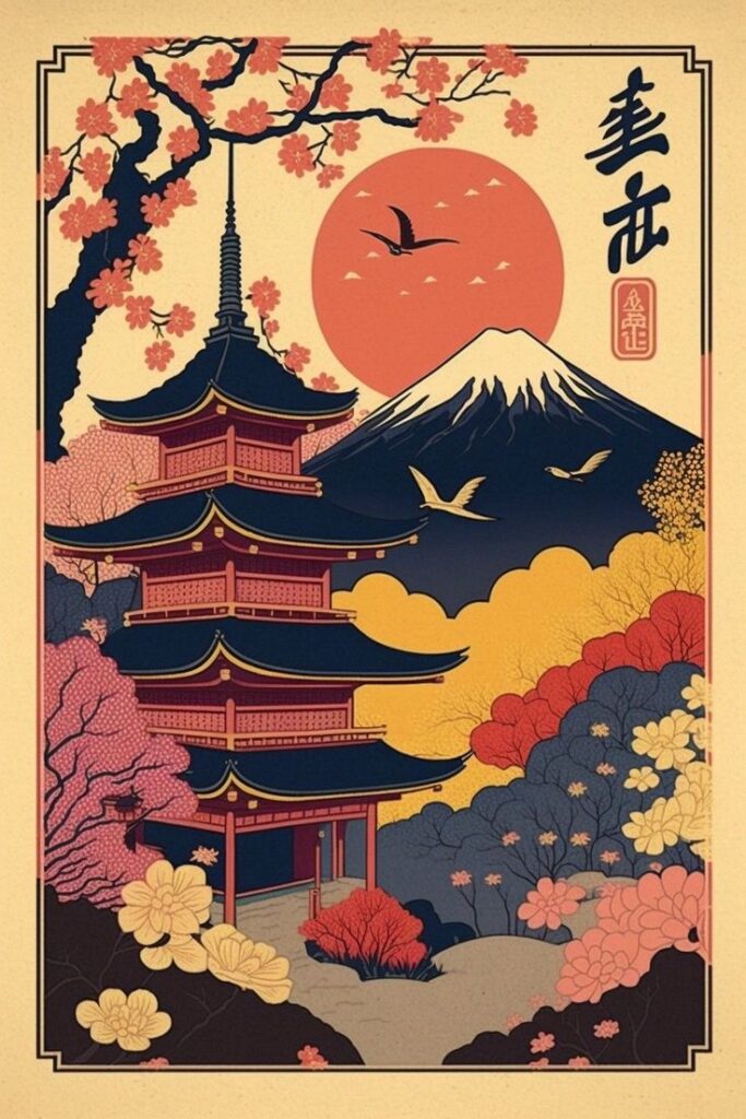 Japanese pagoda with cherry blossoms, Mount Fuji, and sunset in traditional art style.