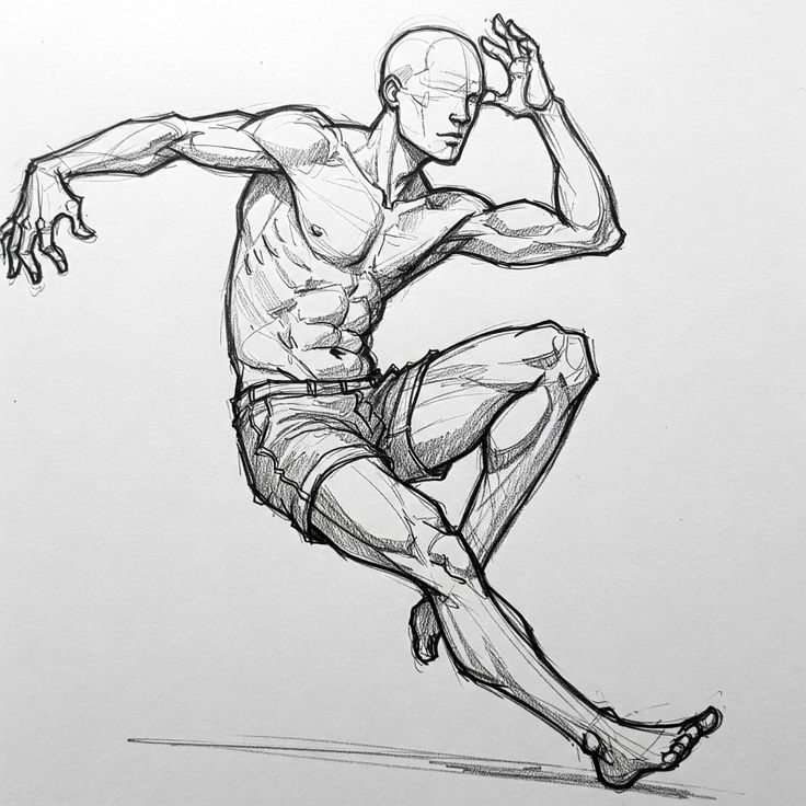 Sketch of a muscular man in dynamic action pose, showcasing movement and anatomy in detailed pencil drawing.