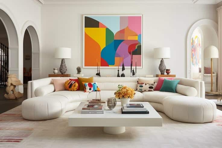 Modern living room with a white sectional sofa, colorful abstract art, and a stylish coffee table.