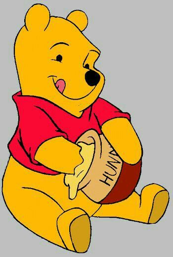Cartoon bear enjoying honey from a jar while wearing a red shirt, gray background. Perfect for children's content.