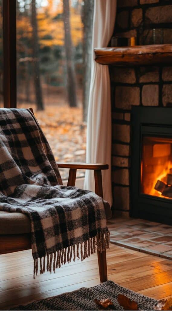 Cozy chair with plaid blanket near fireplace in a rustic cabin setting, autumn view outside.