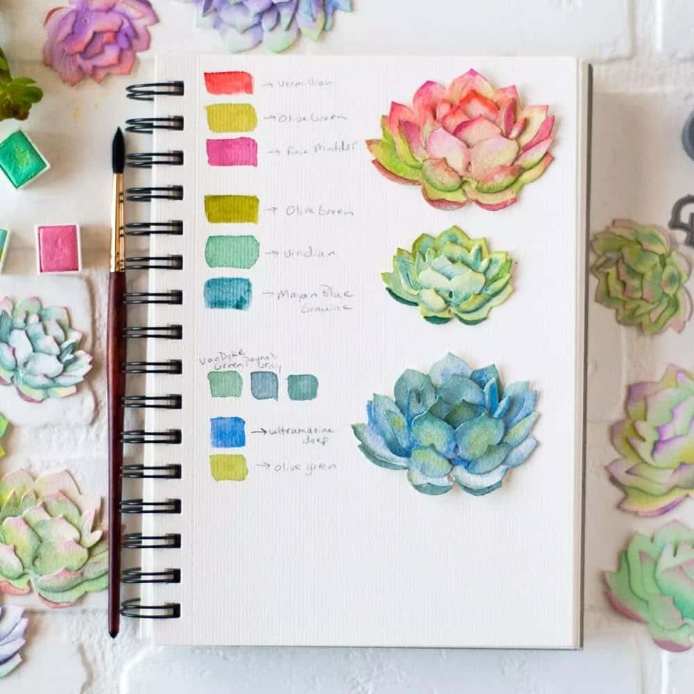 Watercolor succulents on sketchbook with paint swatches and brush, showcasing vibrant color palette exploration.