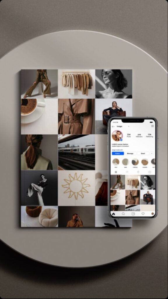 Fashion mood board with brown tones, apparel, accessories, and a smartphone displaying an Instagram fashion profile.