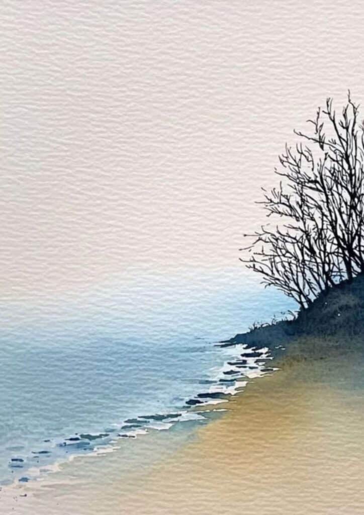 Watercolor painting of a serene beach scene with bare trees and gentle waves under a soft, cloudy sky.